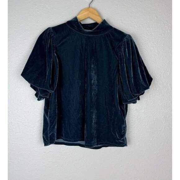 FREE PEOPLE BLUE Claudia Velvet Mock Neck Women short sleeve bohemian Top M 143 - Picture 2 of 9